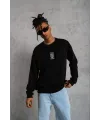 Unisex Bisiklet Yaka Baskılı Oversize Sweatshirt - Siyah