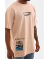 Unisex Bisiklet Yaka Baskılı Oversize T-Shirt - Bej