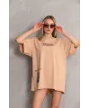 Unisex Bisiklet Yaka Baskılı Oversize T-Shirt - Bej
