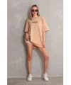 Unisex Bisiklet Yaka Baskılı Oversize T-Shirt - Bej