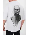 Unisex Bisiklet Yaka Baskılı Oversize T-Shirt - Beyaz