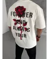 Unisex Bisiklet Yaka Baskılı Oversize T-Shirt - Beyaz