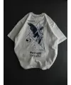 Unisex Bisiklet Yaka Baskılı Oversize T-Shirt - Beyaz