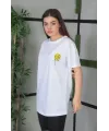 Unisex Bisiklet Yaka Baskılı Oversize T-Shirt - Beyaz