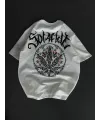 Unisex Bisiklet Yaka Baskılı Oversize T-Shirt - Beyaz