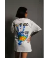 Unisex Bisiklet Yaka Baskılı Oversize T-Shirt - Beyaz