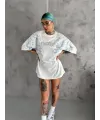 Unisex Bisiklet Yaka Baskılı Oversize T-Shirt - Beyaz