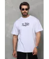 Unisex Bisiklet Yaka Baskılı Oversize T-Shirt - Beyaz