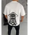 Unisex Bisiklet Yaka Baskılı Oversize T-Shirt - Beyaz