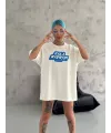 Unisex Bisiklet Yaka Baskılı Oversize T-Shirt - Beyaz