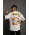 Unisex Bisiklet Yaka Baskılı Oversize T-Shirt - Beyaz