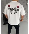 Unisex Bisiklet Yaka Baskılı Oversize T-Shirt - Beyaz