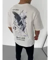 Unisex Bisiklet Yaka Baskılı Oversize T-Shirt - Beyaz