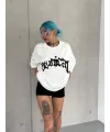 Unisex Bisiklet Yaka Baskılı Oversize T-Shirt - Beyaz