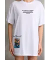 Unisex Bisiklet Yaka Baskılı Oversize T-Shirt - Beyaz