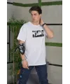 Unisex Bisiklet Yaka Baskılı Oversize T-Shirt - Beyaz