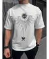 Unisex Bisiklet Yaka Baskılı Oversize T-Shirt - Beyaz