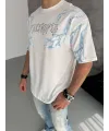 Unisex Bisiklet Yaka Baskılı Oversize T-Shirt - Beyaz