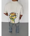 Unisex Bisiklet Yaka Baskılı Oversize T-Shirt - Beyaz