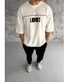 Unisex Bisiklet Yaka Baskılı Oversize T-Shirt - Beyaz