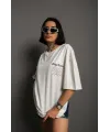 Unisex Bisiklet Yaka Baskılı Oversize T-Shirt - Beyaz
