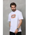 Unisex Bisiklet Yaka Baskılı Oversize T-Shirt - Beyaz