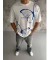 Unisex Bisiklet Yaka Baskılı Oversize T-Shirt - Beyaz