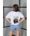 Unisex Bisiklet Yaka Baskılı Oversize T-Shirt- Beyaz
