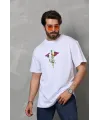 Unisex Bisiklet Yaka Baskılı Oversize T-Shirt - Beyaz