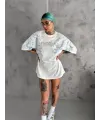 Unisex Bisiklet Yaka Baskılı Oversize T-Shirt - Beyaz