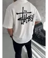 Unisex Bisiklet Yaka Baskılı Oversize T-Shirt - Beyaz