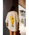 Unisex Bisiklet Yaka Baskılı Oversize T-Shirt - Beyaz