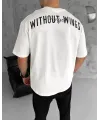 Unisex Bisiklet Yaka Baskılı Oversize T-Shirt - Beyaz
