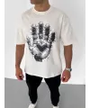 Unisex Bisiklet Yaka Baskılı Oversize T-Shirt - Beyaz