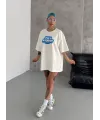 Unisex Bisiklet Yaka Baskılı Oversize T-Shirt - Beyaz
