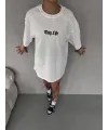 Unisex Bisiklet Yaka Baskılı Oversize T-Shirt - Beyaz