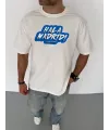 Unisex Bisiklet Yaka Baskılı Oversize T-Shirt - Beyaz