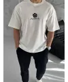 Unisex Bisiklet Yaka Baskılı Oversize T-Shirt - Beyaz