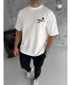 Unisex Bisiklet Yaka Baskılı Oversize T-Shirt - Beyaz