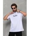 Unisex Bisiklet Yaka Baskılı Oversize T-Shirt - Beyaz
