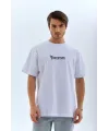 Unisex Bisiklet Yaka Baskılı Oversize T-Shirt - Beyaz