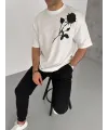 Unisex Bisiklet Yaka Baskılı Oversize T-Shirt - Beyaz