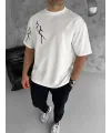 Unisex Bisiklet Yaka Baskılı Oversize T-Shirt - Beyaz