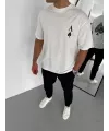 Unisex Bisiklet Yaka Baskılı Oversize T-Shirt - Beyaz