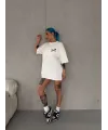 Unisex Bisiklet Yaka Baskılı Oversize T-Shirt - Beyaz