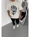 Unisex Bisiklet Yaka Baskılı Oversize T-Shirt - Beyaz