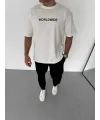 Unisex Bisiklet Yaka Baskılı Oversize T-Shirt - Beyaz