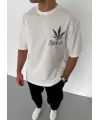 Unisex Bisiklet Yaka Baskılı Oversize T-Shirt - Beyaz