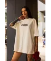 Unisex Bisiklet Yaka Baskılı Oversize T-Shirt - Beyaz