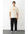 Unisex Bisiklet Yaka Baskılı Oversize T-Shirt - Beyaz